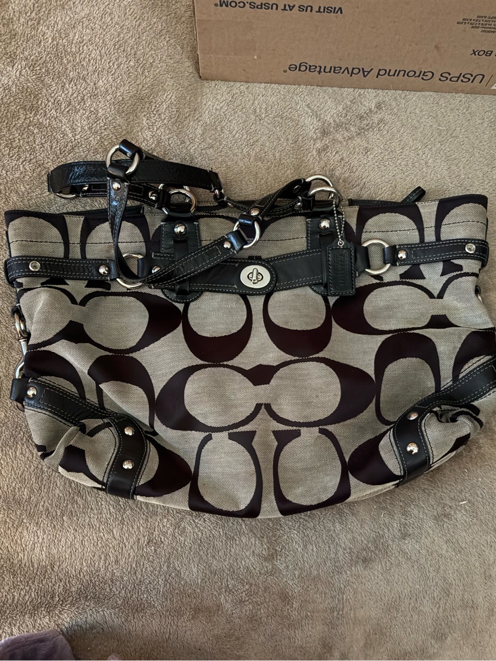 Coach Shoulder Bag in Black and Khaki Signature Canvas